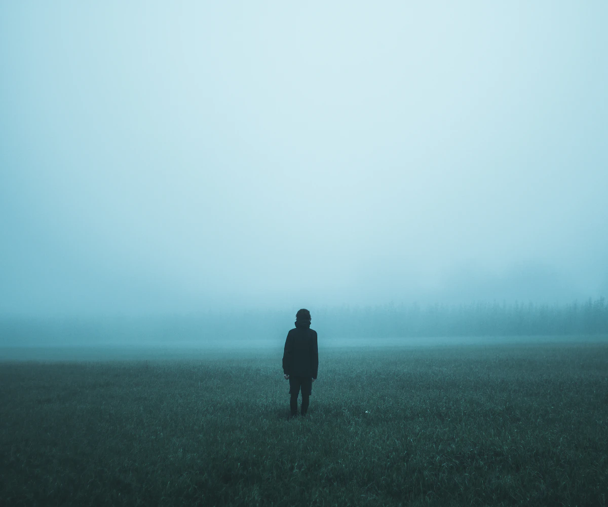 A lone figure standing far off on misty ground